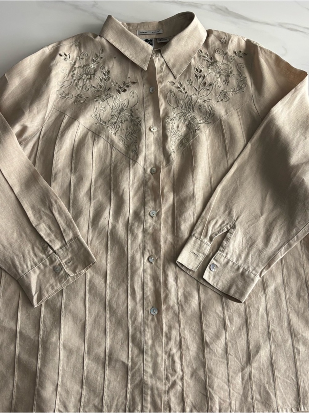 Edward woman Irish linen Embroidered Button-Up Shirt Neutral Beige 2XL